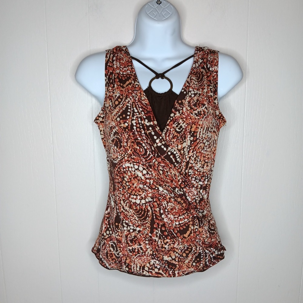 Y2K BCX Halter Faux Wrap Top S Brown Orange Abstract Boho Festival Beach Summer